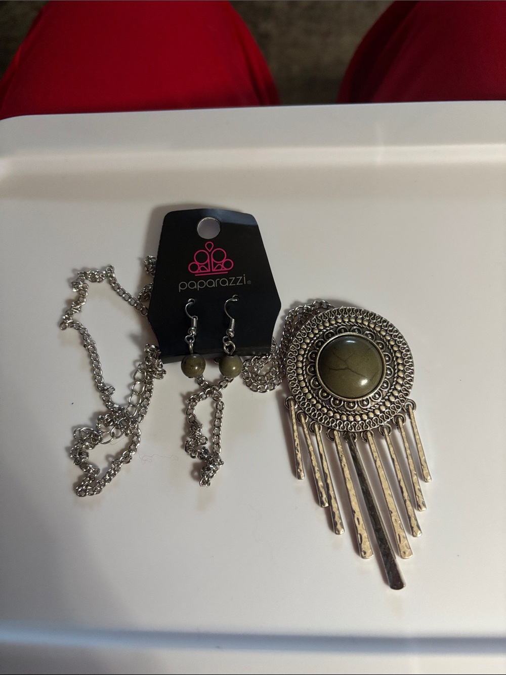 paparazzi Olive and Silver Boho Fringe Statement Necklace with Earrings